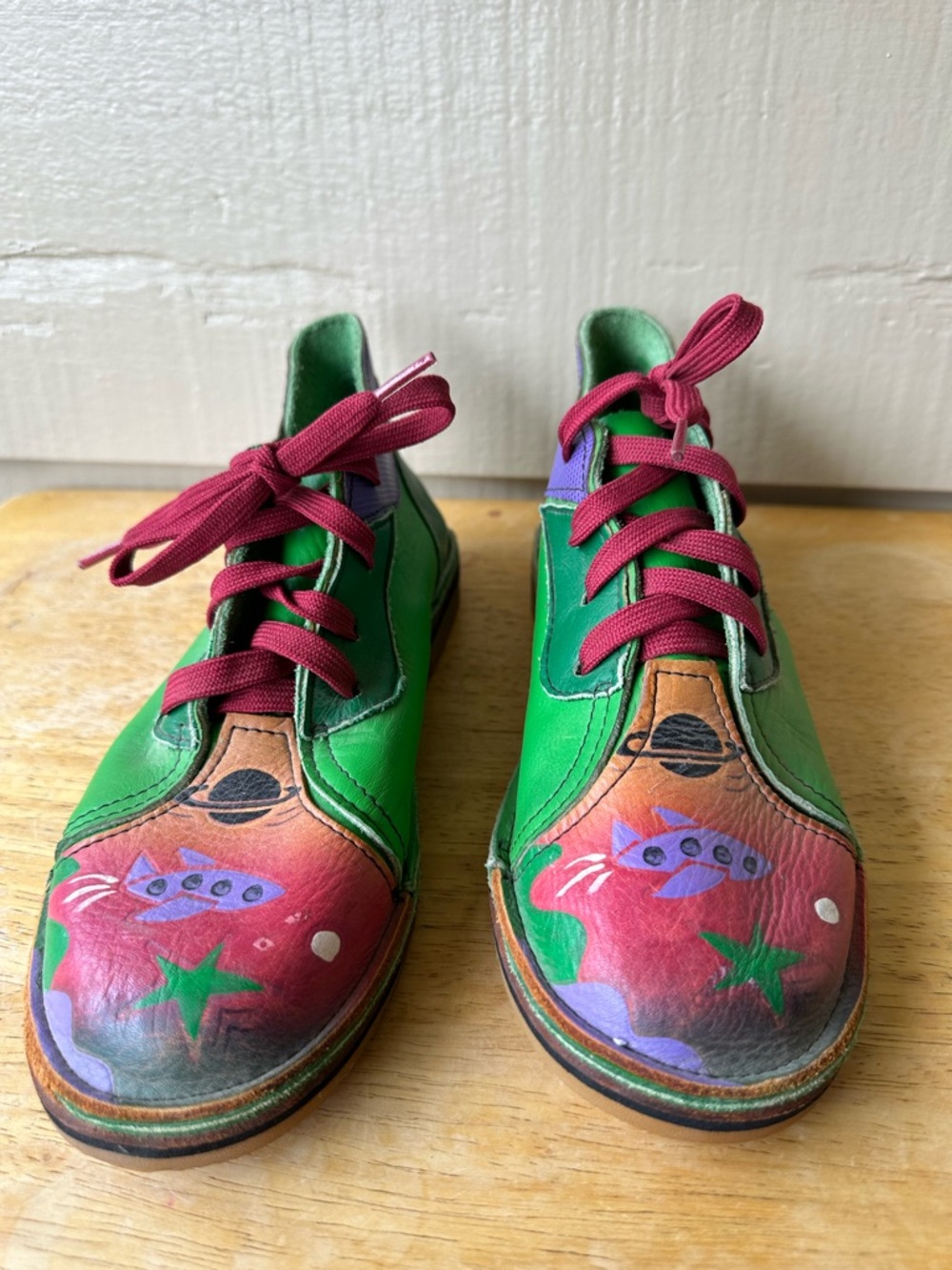 Handmade Art to Wear Leather Painted Ankle Boots Green Space Lace up